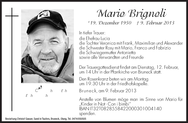  Traueranzeige für Mario Brignoli vom 11.02.2013 aus Dolomiten