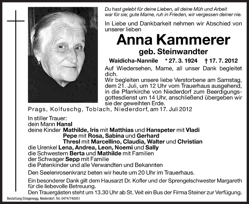  Traueranzeige für Anna Kammerer vom 20.07.2012 aus Dolomiten