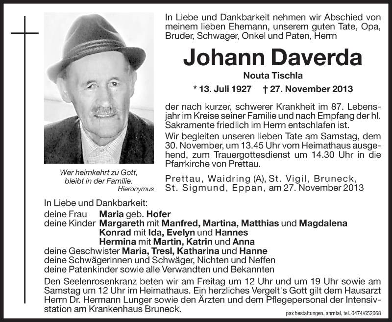  Traueranzeige für Johann Daverda vom 29.11.2013 aus Dolomiten