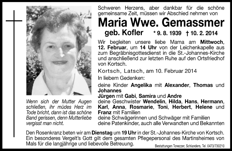  Traueranzeige für Maria Gemassmer vom 11.02.2014 aus Dolomiten