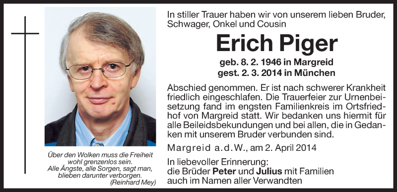  Traueranzeige für Erich Piger vom 02.04.2014 aus Dolomiten