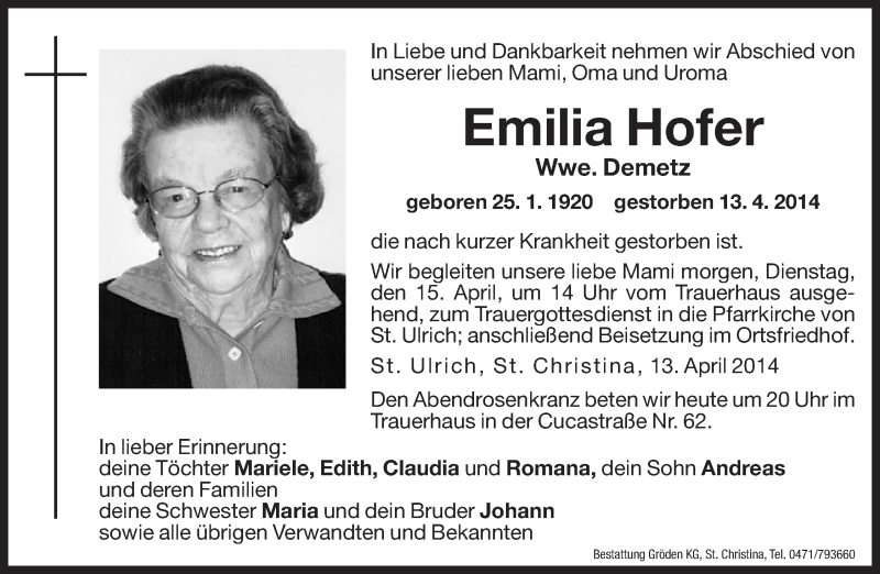  Traueranzeige für Emilia Demetz vom 14.04.2014 aus Dolomiten