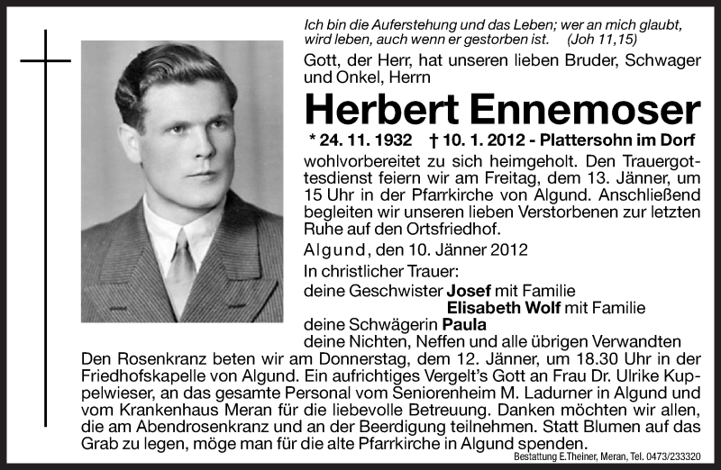  Traueranzeige für Herbert Ennemoser vom 11.01.2012 aus Dolomiten