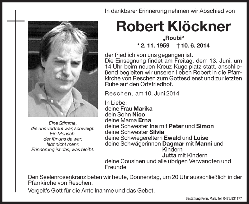  Traueranzeige für Robert Klöckner vom 12.06.2014 aus Dolomiten