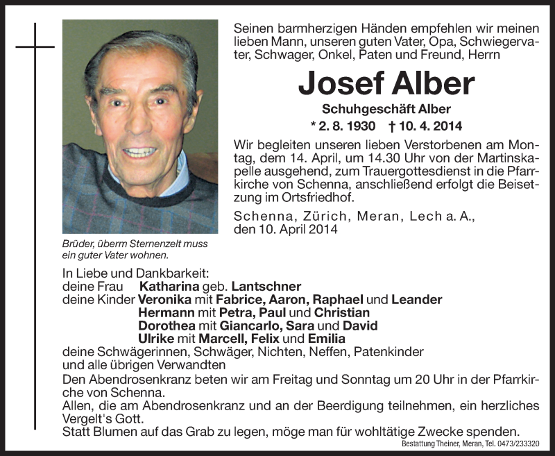  Traueranzeige für Josef Alber vom 11.04.2014 aus Dolomiten