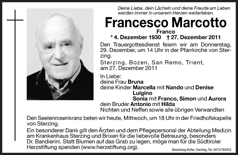  Traueranzeige für Francesco Marcotto vom 28.12.2011 aus Dolomiten