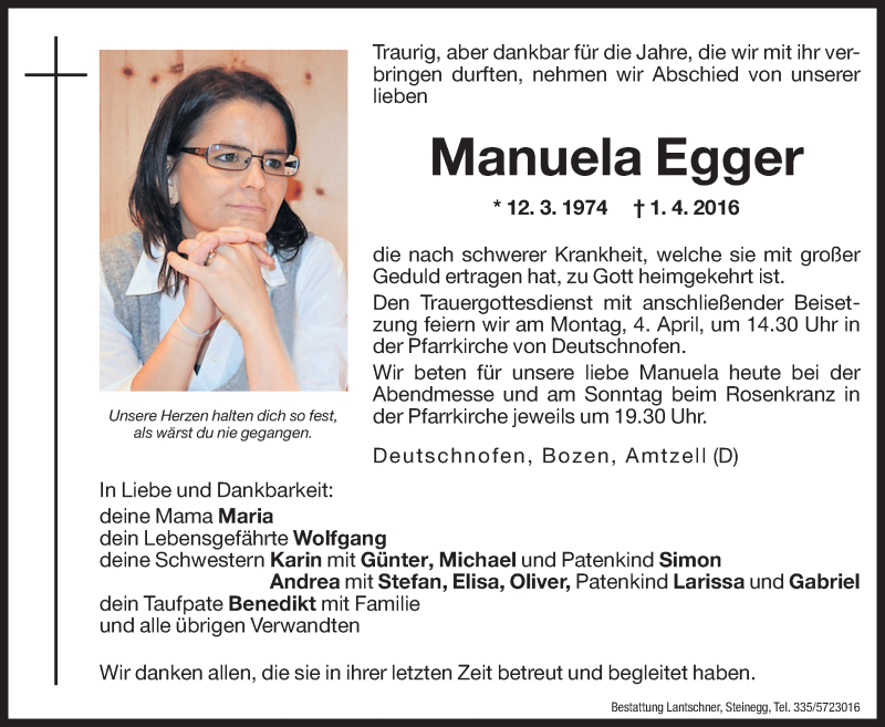  Traueranzeige für Manuela Egger vom 02.04.2016 aus Dolomiten