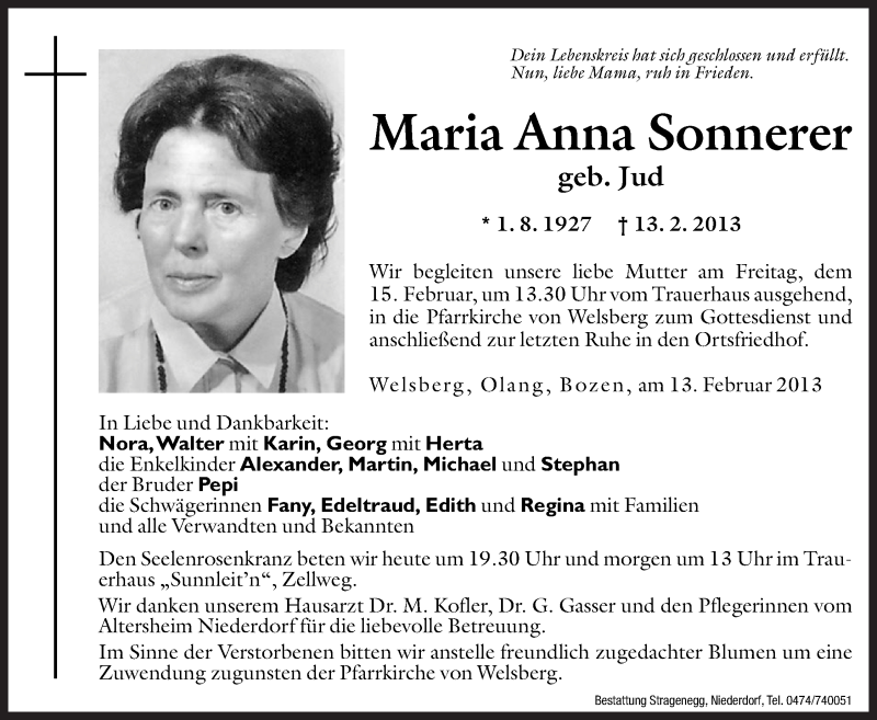  Traueranzeige für Maria Anna Sonnerer vom 14.02.2013 aus Dolomiten