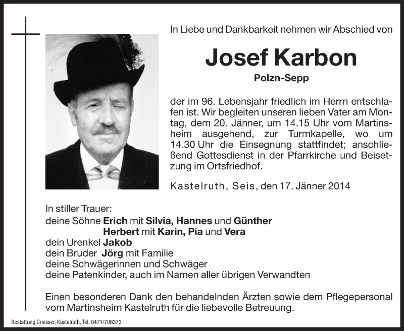  Traueranzeige für Josef Karbon vom 20.01.2014 aus Dolomiten