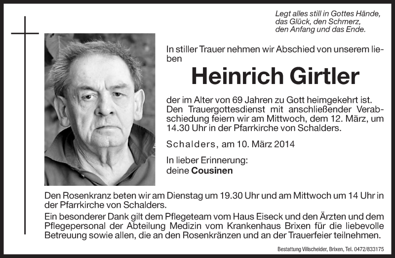  Traueranzeige für Heinrich Girtler vom 11.03.2014 aus Dolomiten