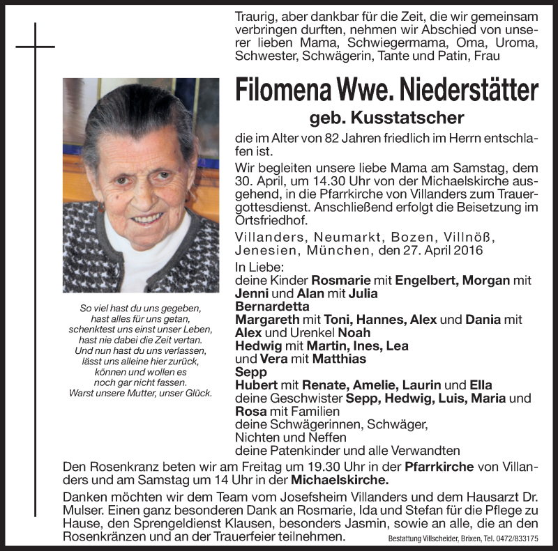  Traueranzeige für Filomena Niederstätter vom 29.04.2016 aus Dolomiten