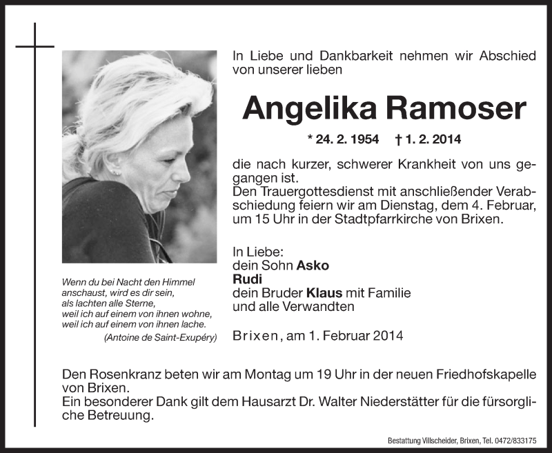  Traueranzeige für Angelika Ramoser vom 03.02.2014 aus Dolomiten