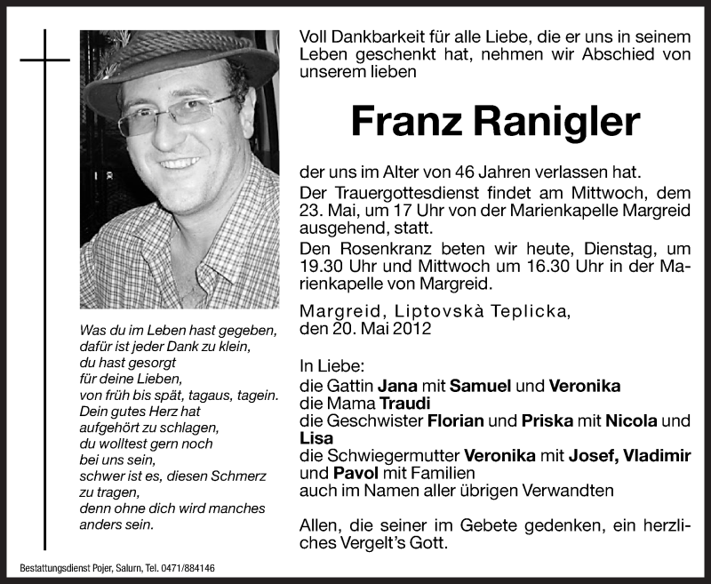  Traueranzeige für Franz Ranigler vom 22.05.2012 aus Dolomiten