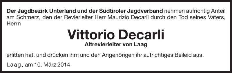  Traueranzeige für Vittorio Decarli vom 11.03.2014 aus Dolomiten