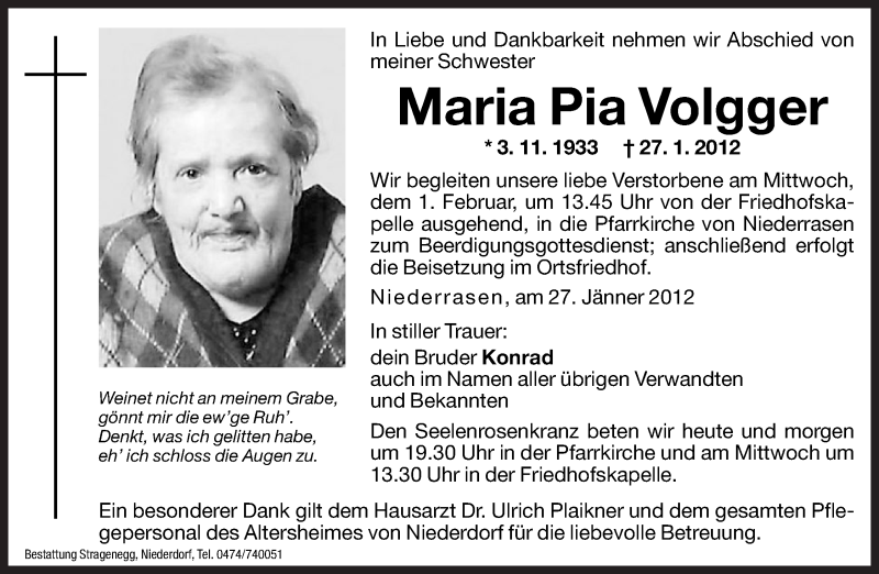  Traueranzeige für Maria Pia Volgger vom 30.01.2012 aus Dolomiten