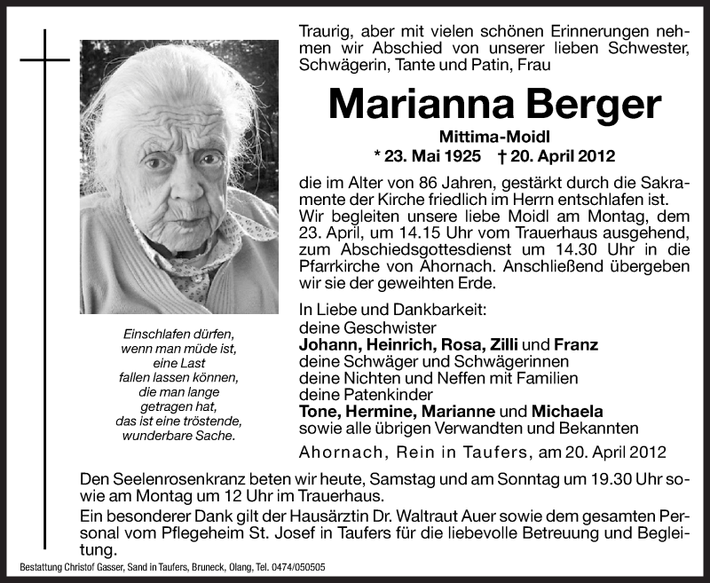  Traueranzeige für Marianna Berger vom 21.04.2012 aus Dolomiten