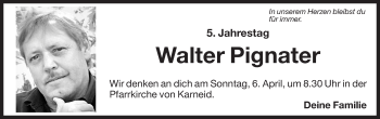 Traueranzeige von Walter Pignater von Dolomiten