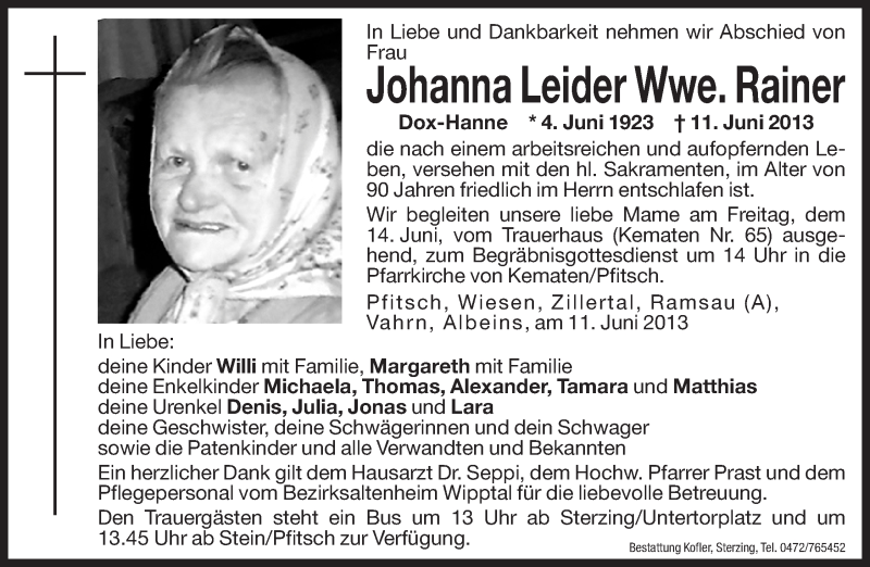  Traueranzeige für Johanna Rainer vom 13.06.2013 aus Dolomiten