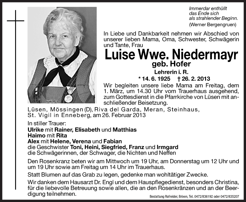  Traueranzeige für Luise Niedermayr vom 27.02.2013 aus Dolomiten