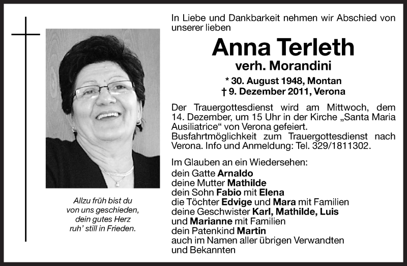  Traueranzeige für Anna Terleth vom 12.12.2011 aus Dolomiten