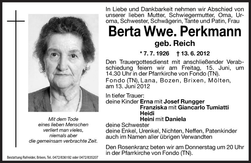  Traueranzeige für Berta Perkmann vom 14.06.2012 aus Dolomiten