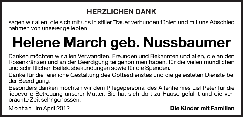 Traueranzeige für Helene March vom 27.04.2012 aus Dolomiten