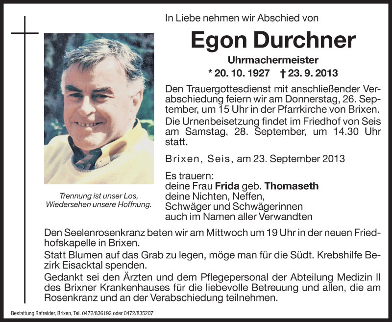  Traueranzeige für Egon Durchner vom 25.09.2013 aus Dolomiten