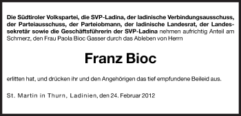 Traueranzeige von Franz Bioc von Dolomiten