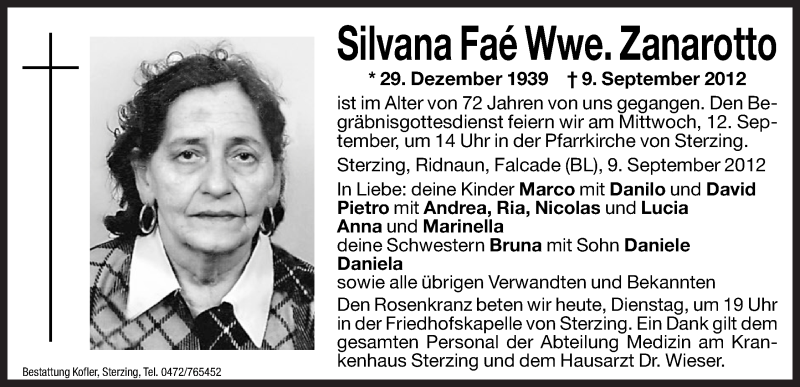  Traueranzeige für Silvana Zanarotto vom 11.09.2012 aus Dolomiten