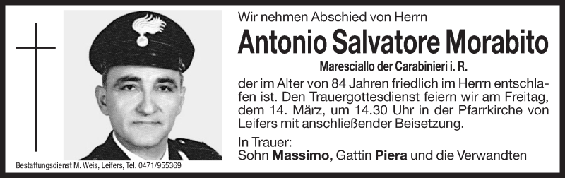  Traueranzeige für Antonio Salvatore Morabito vom 12.03.2014 aus Dolomiten