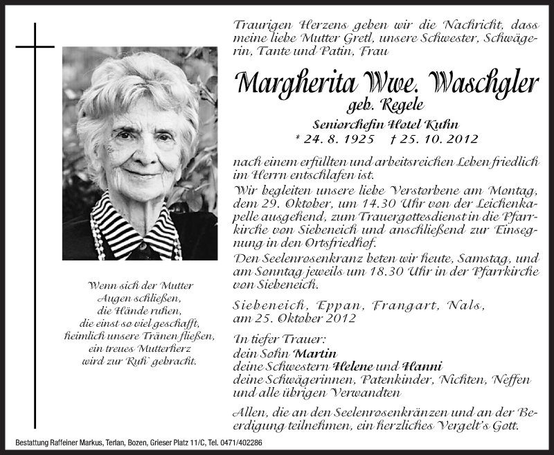  Traueranzeige für Margherita Waschgler vom 27.10.2012 aus Dolomiten