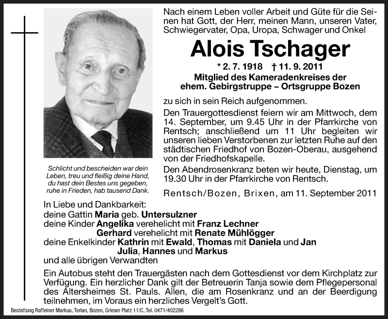  Traueranzeige für Alois Tschager vom 13.09.2011 aus Dolomiten