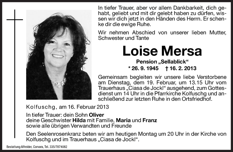  Traueranzeige für Loise Mersa vom 18.02.2013 aus Dolomiten