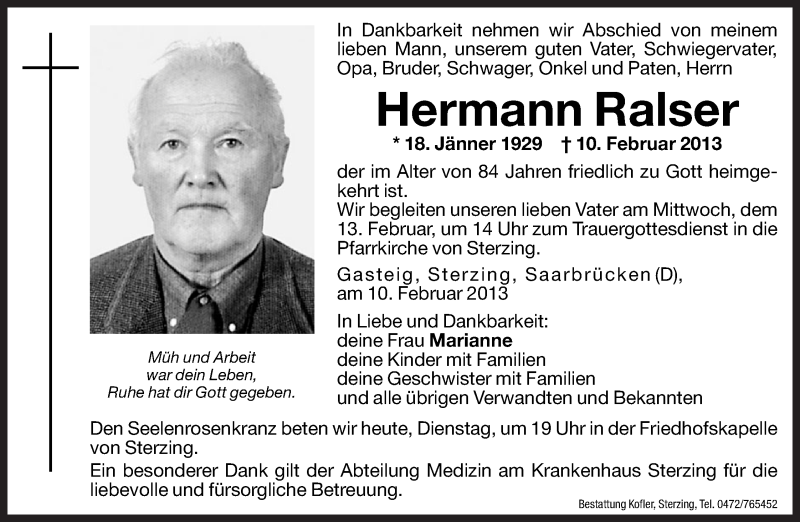  Traueranzeige für Hermann Ralser vom 12.02.2013 aus Dolomiten