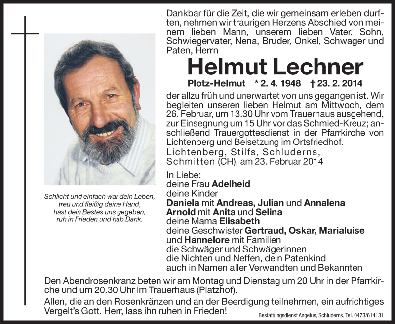  Traueranzeige für Helmut Lechner vom 24.02.2014 aus Dolomiten