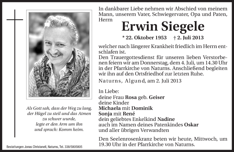  Traueranzeige für Erwin Siegele vom 03.07.2013 aus Dolomiten