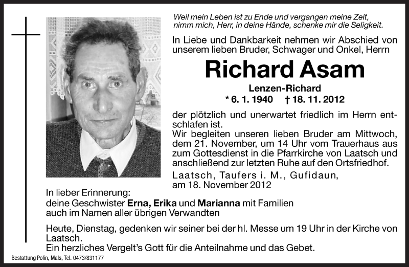  Traueranzeige für Richard Asam vom 20.11.2012 aus Dolomiten