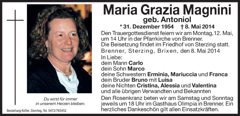  Traueranzeige für Maria Grazia Magnini vom 10.05.2014 aus Dolomiten