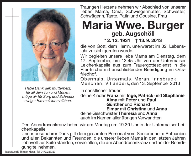  Traueranzeige für Maria Burger vom 16.09.2013 aus Dolomiten