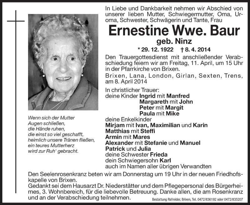  Traueranzeige für Ernestine Baur vom 09.04.2014 aus Dolomiten