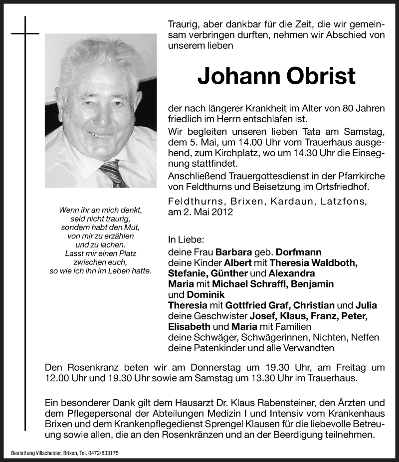  Traueranzeige für Johann Obrist vom 03.05.2012 aus Dolomiten