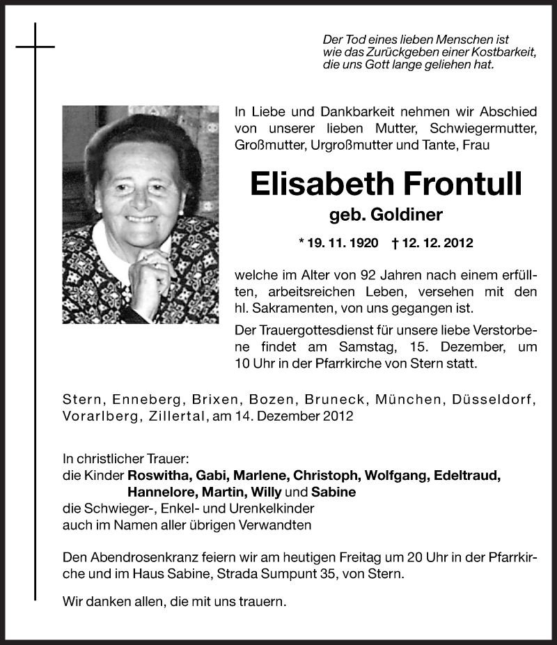  Traueranzeige für Elisabeth Frontull vom 14.12.2012 aus Dolomiten