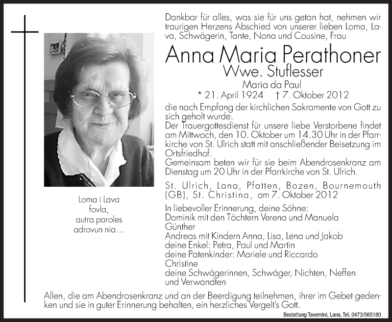  Traueranzeige für Anna Maria Stuflesser vom 09.10.2012 aus Dolomiten