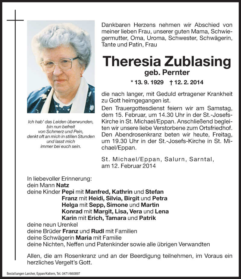  Traueranzeige für Theresia Zublasing vom 14.02.2014 aus Dolomiten