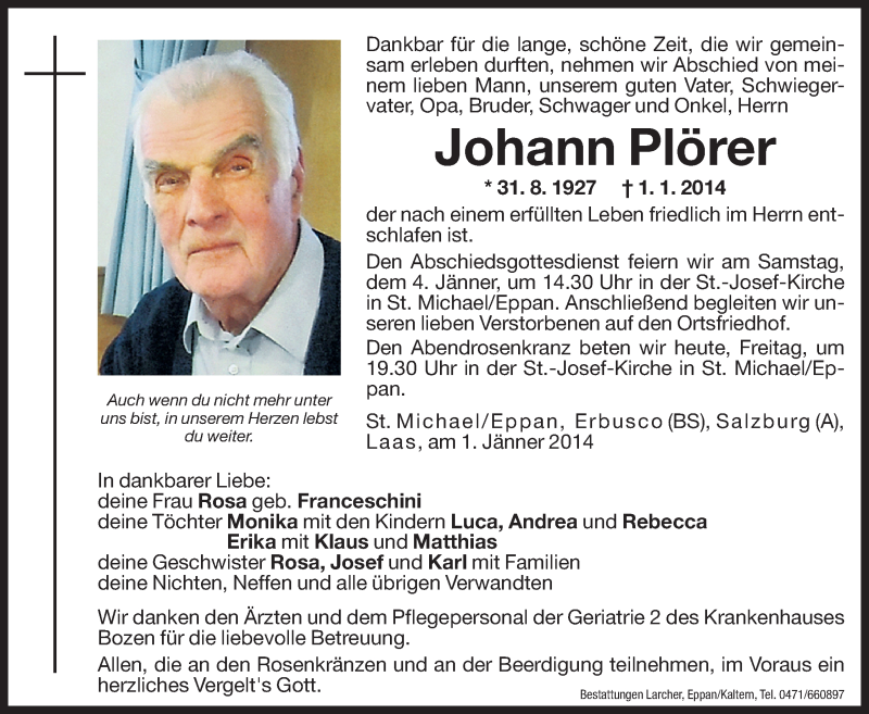  Traueranzeige für Johann Plörer vom 03.01.2014 aus Dolomiten