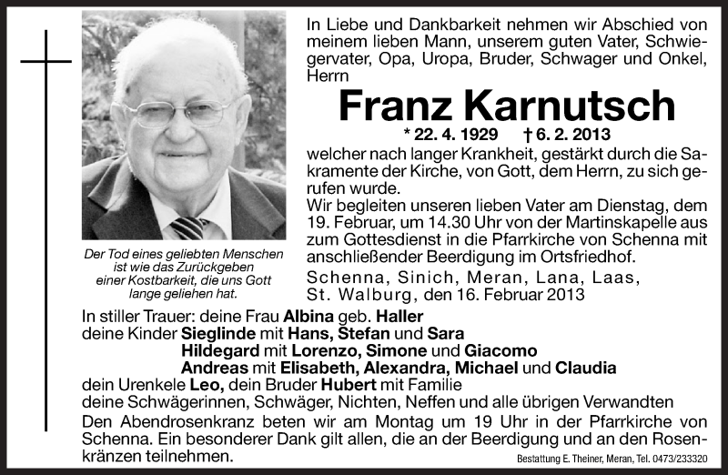  Traueranzeige für Franz Karnutsch vom 18.02.2013 aus Dolomiten