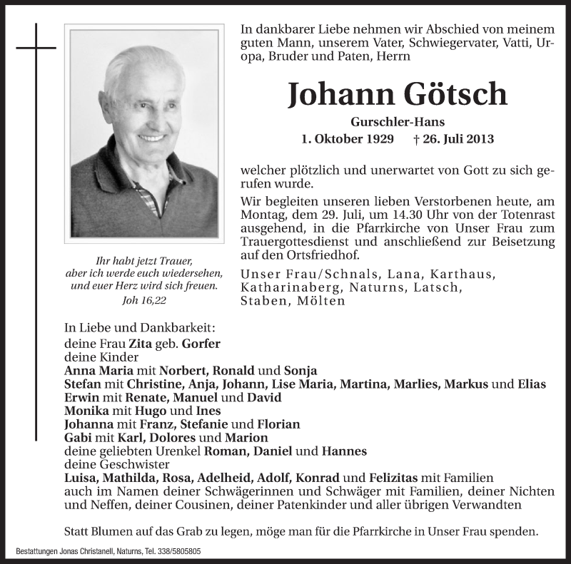  Traueranzeige für Johann Götsch vom 29.07.2013 aus Dolomiten