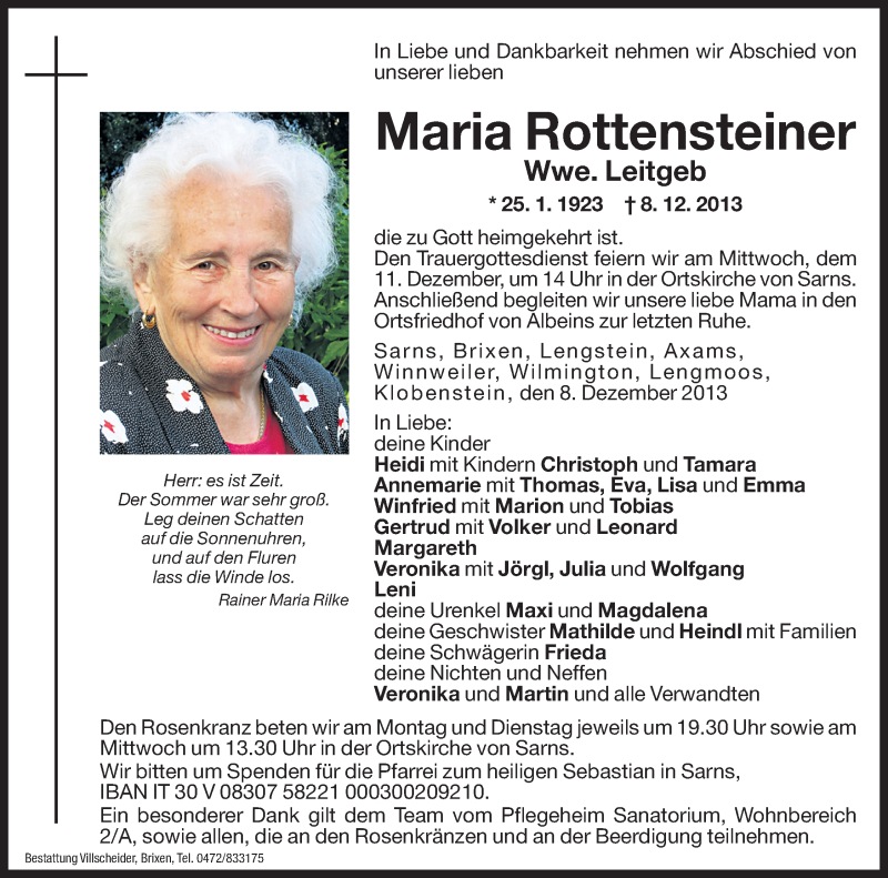  Traueranzeige für Maria Leitgeb vom 09.12.2013 aus Dolomiten