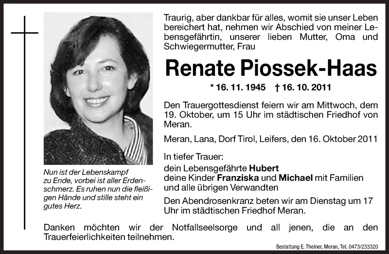  Traueranzeige für Renate Piossek-Haas vom 17.10.2011 aus Dolomiten