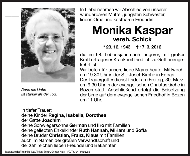  Traueranzeige für Monika Kaspar vom 21.03.2012 aus Dolomiten